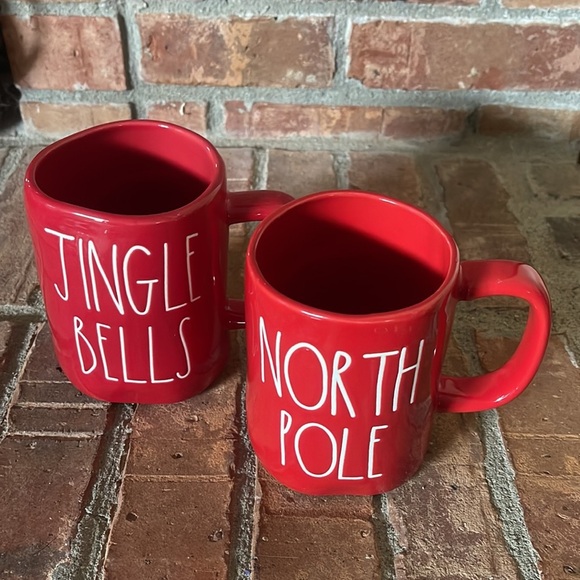 Rae Dunn Red JINGLE BELLS & NORTH POLE Ceramic Mugs Set of 2 - Picture 2 of 5
